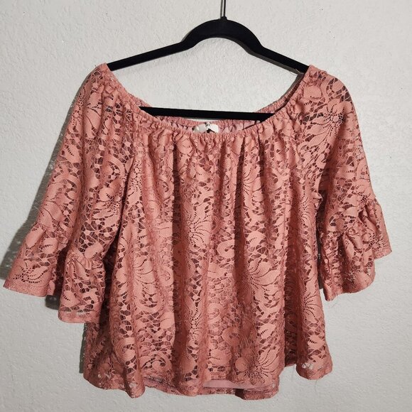 Meraki Womens Large Off-Shoulder Lace Blouse Bell Sleeves Mauve Crop top - Picture 1 of 15